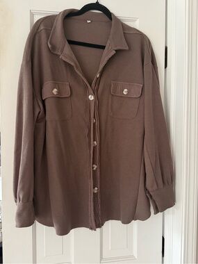 Waffle Knit Oversized Button Down Shacket Brown XL